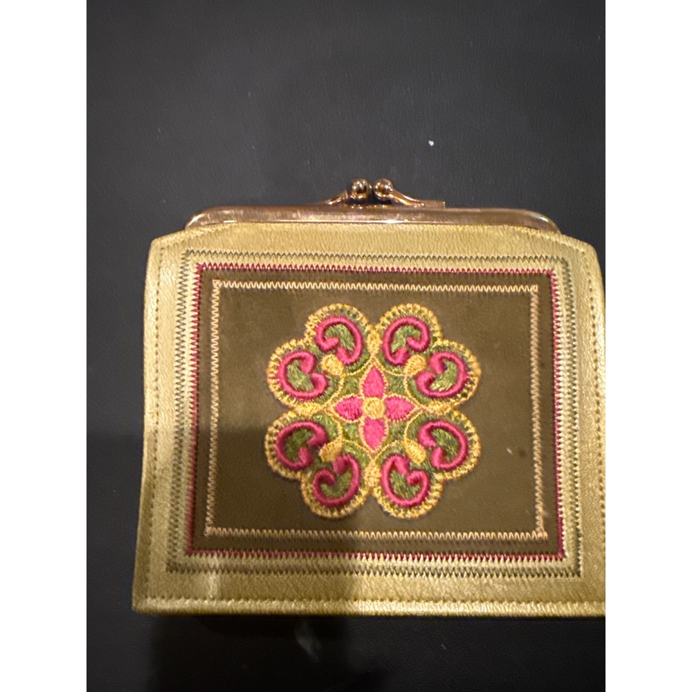 VTG Princess Gardner Tri-Partite French Purse Cowhide Gold Embroidered Wallet